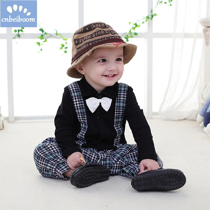 Newborn Baby boy long sleeves rompers infantil gentleman bow tie plaid