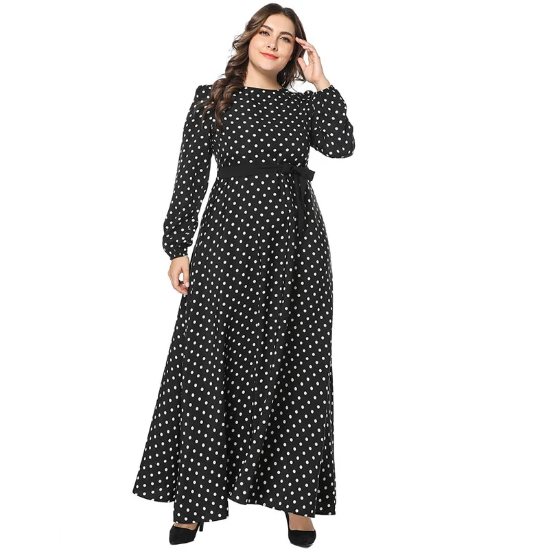 

Fashion New Black Polka Dots Belt Maxi Long Dress Elegant Spring Autumn Long Sleeve Big Hem Women Dresses 3XL 4XL