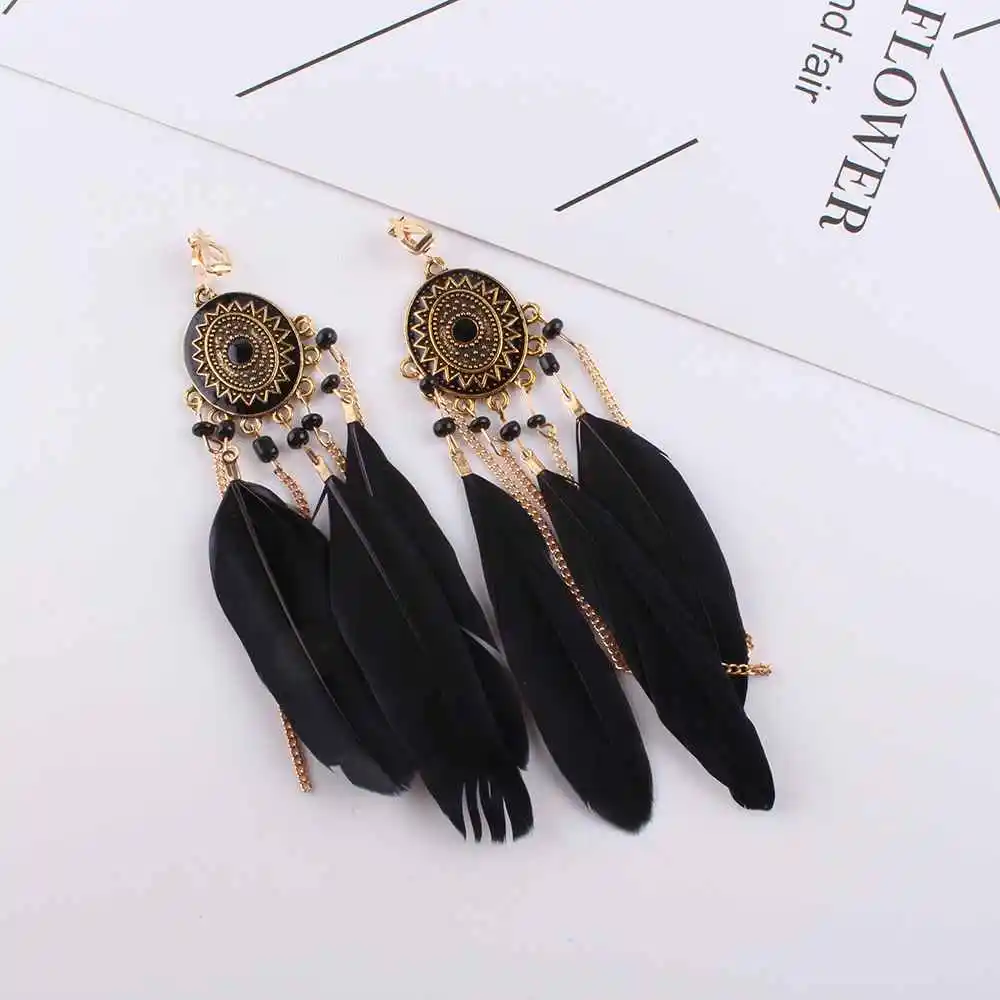Feather Clip on Earrings Fashion Bohemian Long Tassel Enamel for Women Without Piercing Hanging Ear Clips Female Bijoux ear clip earrings clip earrings ear clip ear accessories