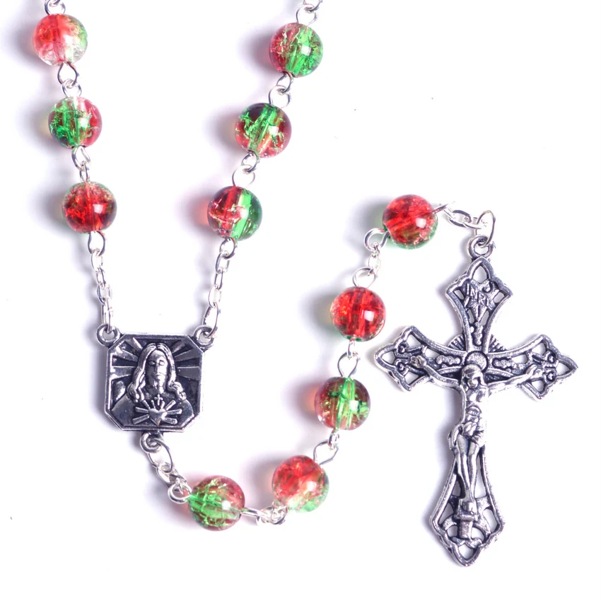 Trendy Religious Red Green Bicolor Acrylic Imploding Beads Jesus and St Christopher Chain Catholic Rosary Necklace