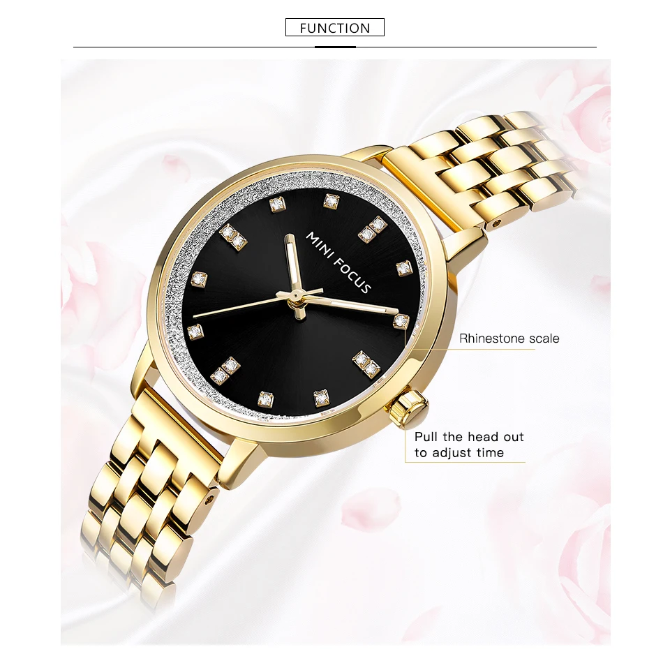 Tanie MINI ostrości królewski złoty kobiety zegarki kwarcowe zegar Iced Out Top marka luksusowe pełna stali nierdzewnej pasek wodoodporny sukienka panie zegarek