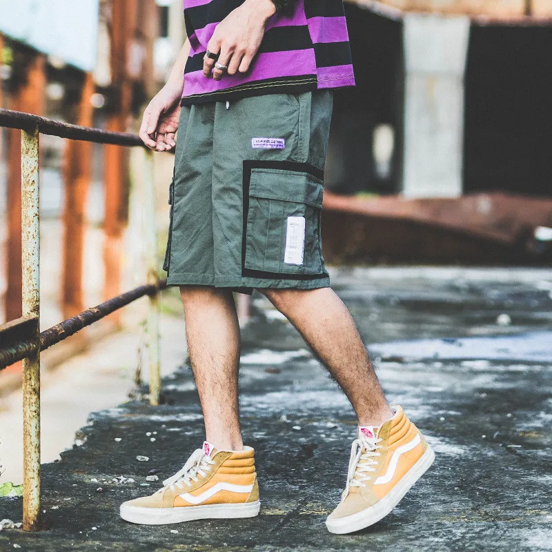 Японский Харадзюку Лето Уличная большой карман карго шорты для мужчин городские мальчиков лоскутное Drawstring хип хоп Короткие брюки m-xxl