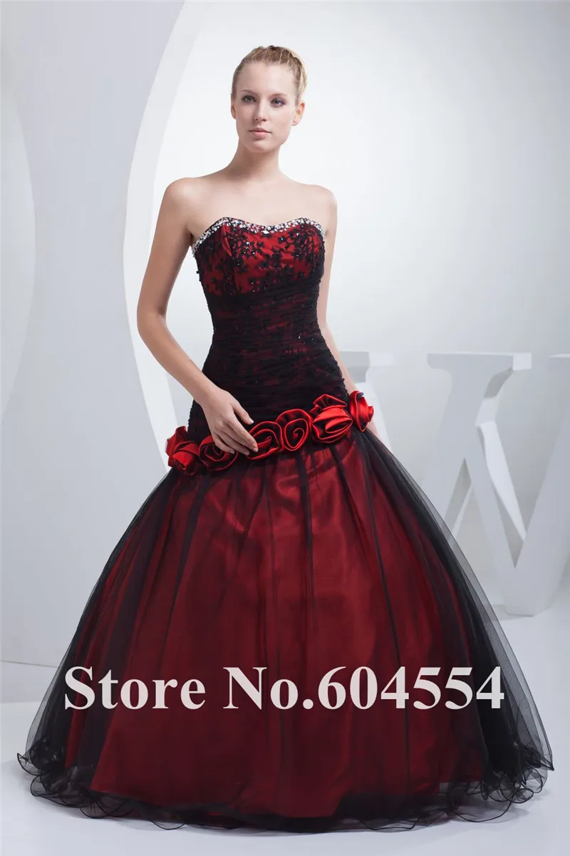 2017 Custom Made Debutante Dress Red and Black Taffeta Beading Flowers