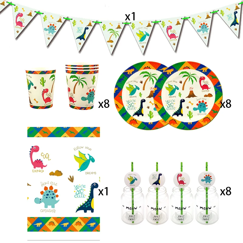 

Party supplies 26pcs for 8kids 2019 New Dinosaur theme birthday party decoration tableware set, plate+cup+straw+flag+tablecover