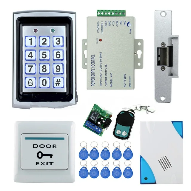 

Full waterproof access control system kit set with Electric Strike Lock+Remote control+Door bell+power+exit+10keys
