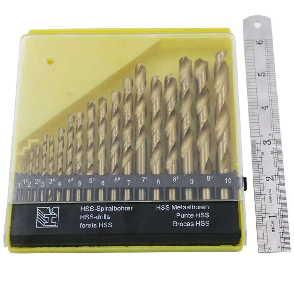 

19Pcs HSS Titanium Coated Twist Drill Bit Set 1-10mm Quick Change Round Shank Drill Metalworking Tool For Aluminum Copper