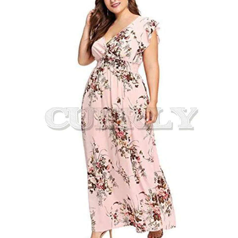

CUERLY Women Plus Size Summer V Neck Floral Print Boho Sleeveless Party Maxi Dress long comfortable breathe fashion sexy dresses