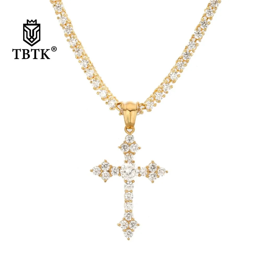 TBTK Cross Pendant Gold Necklace Paved Crystal Shining Zircon Tennis Chain Fashion Rock Man Western Punk Style Jewelry Wholesale | Украшения