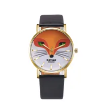 Роскошные часы Женское платье браслет часы Мода Ретро Мультфильм лиса дизайн кожаный ремешок аналог, кварцевый сплав наручные часы