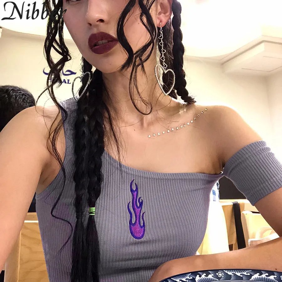 

Nibber Knitted Tank Tops Women Sexy Half Cold Shoulder Gray Solid Casual Tank Tops Tees With Summer fashion Short Sleeve Tees