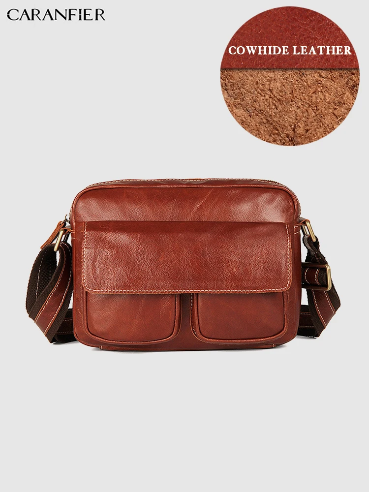

CARANFIER Mens Travel Bags Genuine Cowhide Leather Vintage Single Shoulder Bags Quality Multi Function Light Crossbody Bags