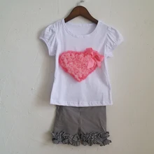 Grey child short leggings and girls puff-sleeved shirt style tee 95% cotton 5% spandex wholesale outfit kid summer set dress