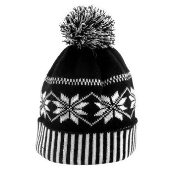 

Women Men Winter Cuffed Knitted Hat Classic Snowflake Striped Geometric Pattern Beanie Cap With Fluffy Pompom Ball