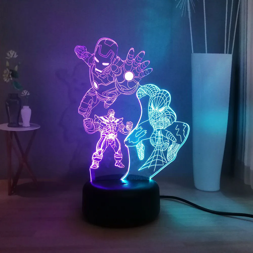 

Hot Marvel Figures 3D Child Sleep Night Lamp Superhero Iron Man Spider-Man Super villain Thanos USB LED Holiday Atmosphere Light