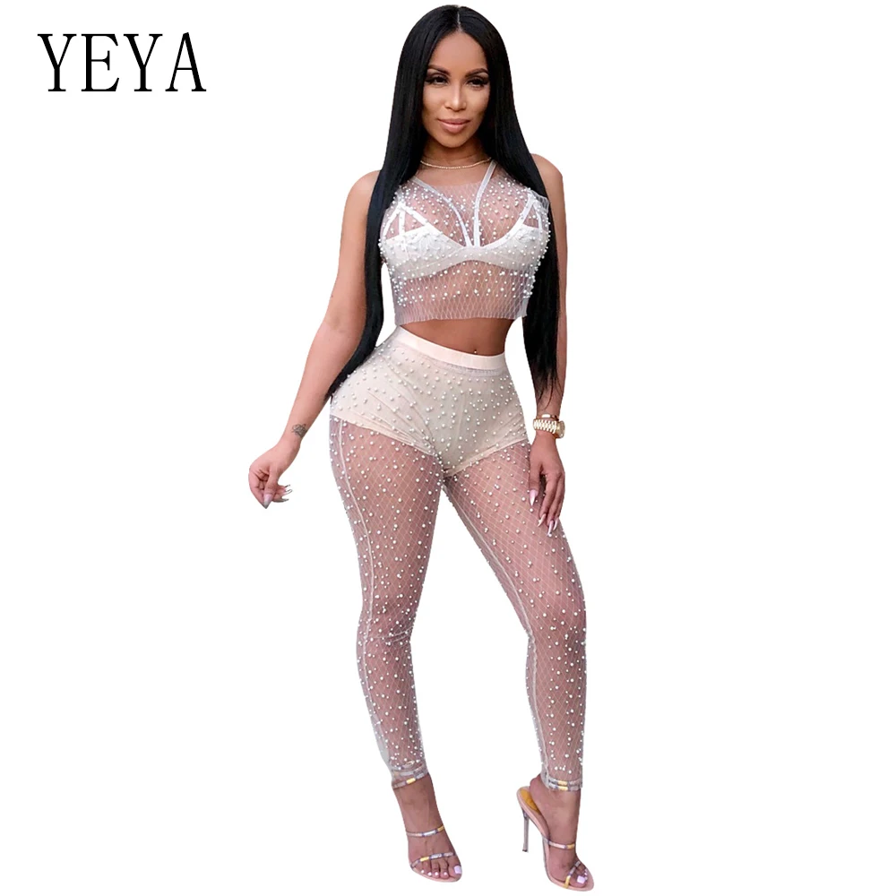 YEYA Sexy Black Mesh Beading Rompers Womens Jumpsuit O-Neck Sleeveless See Through Night Club Party Jumpsuits Two Piece Overalls