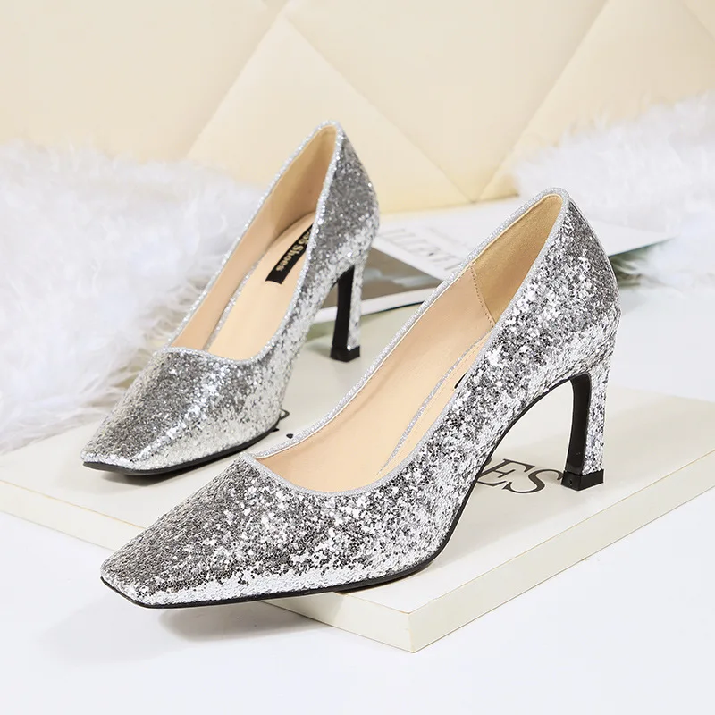 

Luxury Glitter Sequined Heels Party Sexy Club Shoes Woman Square Toe High Heel Pumps Fashion Ladies Stiletto Bling Gold Silver