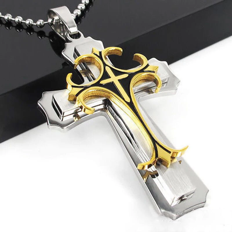 

Necklace foreign trade hot sale Titanium steel three-layer cross pendant Stainless steel men's necklace Jewelry Factory direct