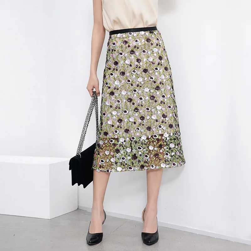 2018 spring summer women floral A line casual skirt sequin net yarn mid