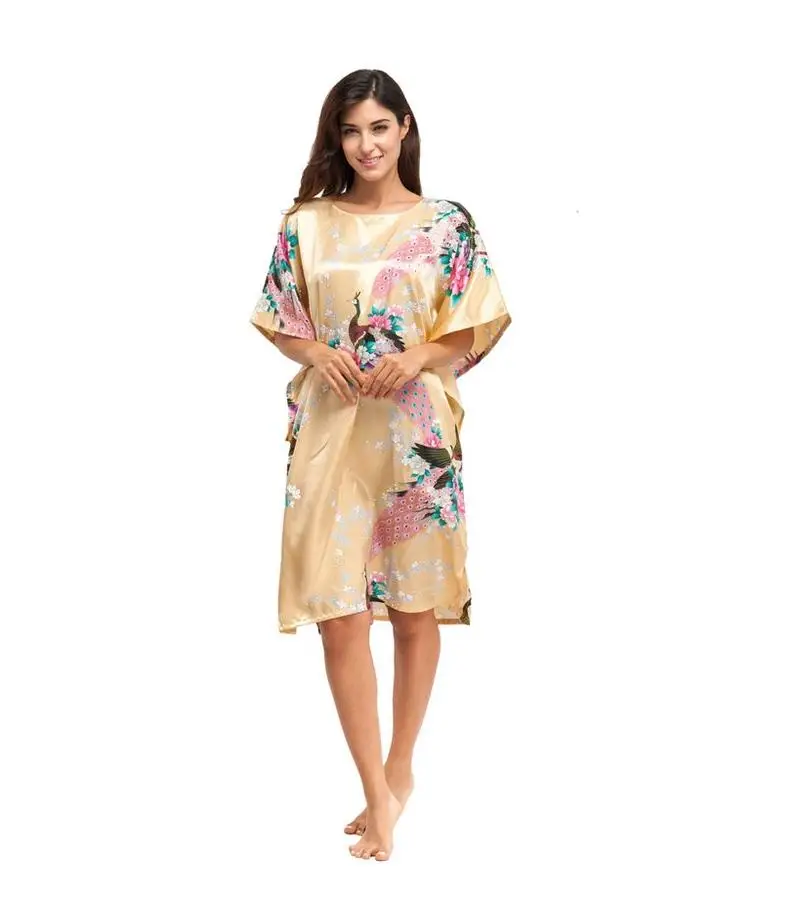 Горячая Распродажа, розовый китайский женский шелковый халат, платье, сексуальная ночная рубашка, повседневное домашнее платье, кимоно, цветочное кимоно, платье, негабаритное, NR113 - Цвет: Gold
