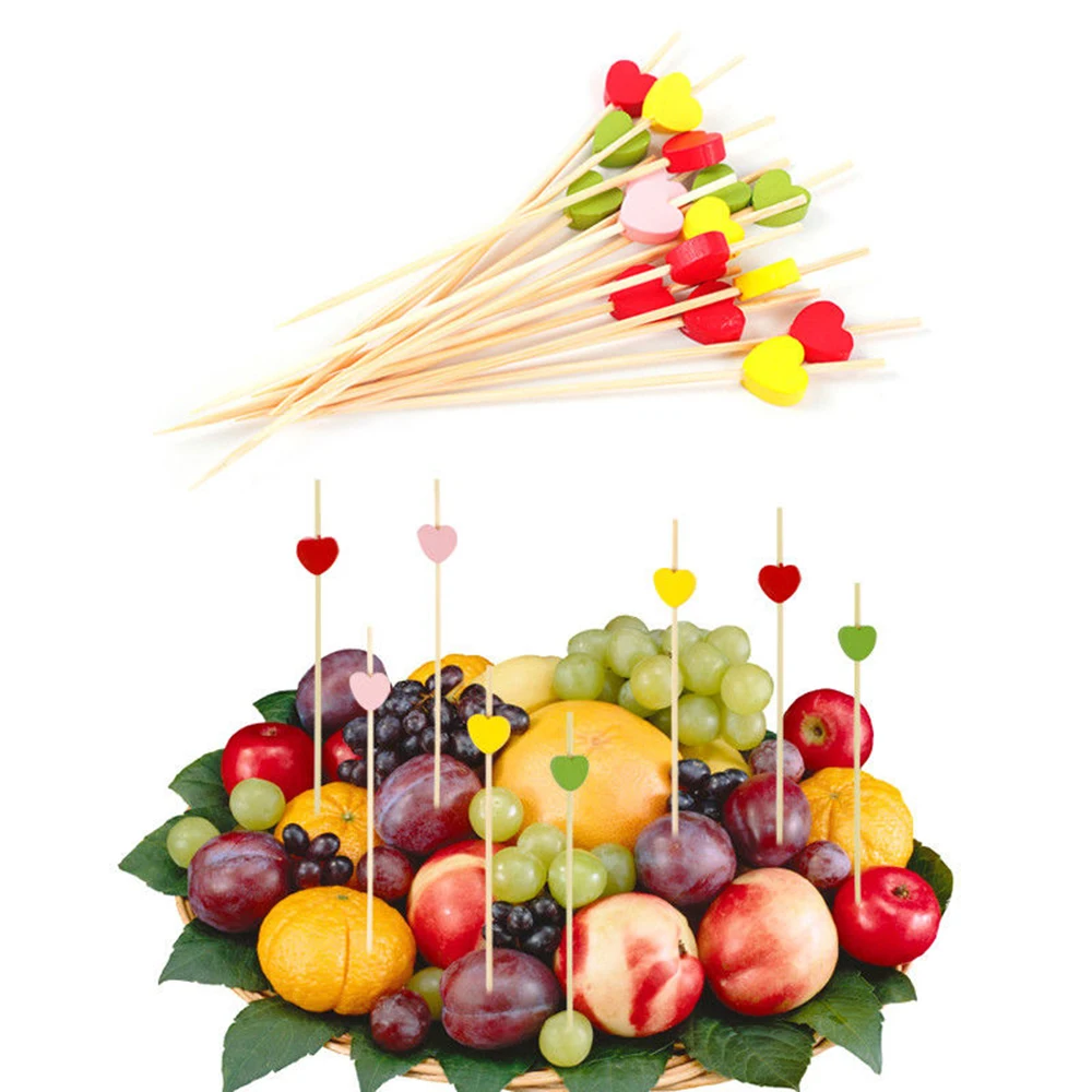 New 100Pcs 12cm Disposable Bamboo Heart Skewer Fruit Dessert Cake Sign Cocktail Pick Cute Food Stick Buffet Cupcake Topper Party