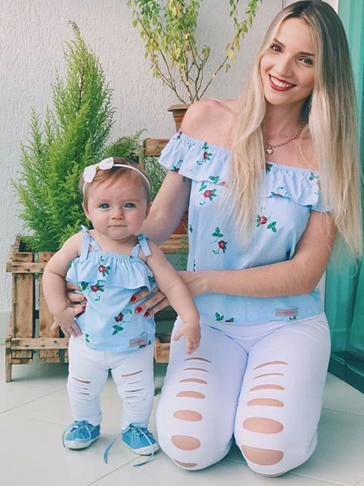 

Mother and Daughter Matching Off the Shoulder Floral Top and Pant Set