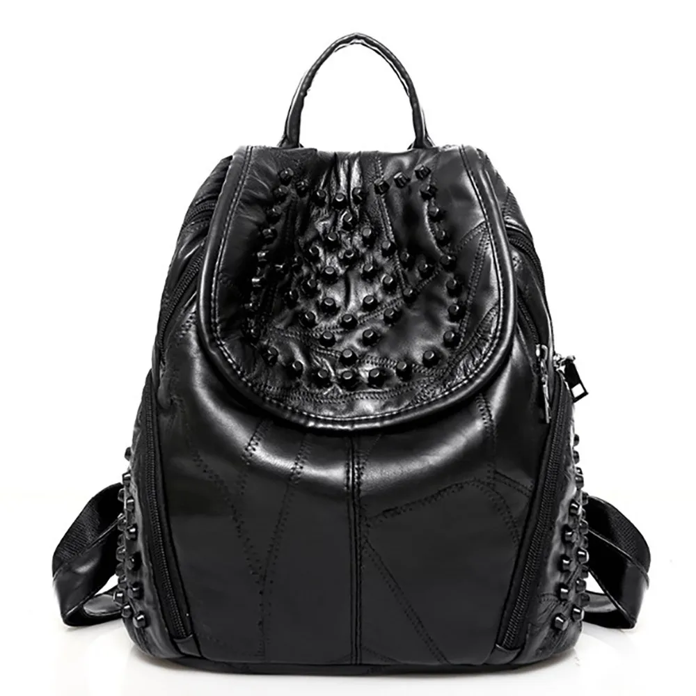 

Women Backpack Rivet Drawstring Bag Real Sheepskin Large Capacity Bag Backpack Female Design Luxury Casual Tote Rucksack Bags#Ze