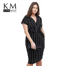 Kissmilk размера плюс Для женщин летние с вертикальными полосками; простой принт Обёрточная бумага V образным вырезом оборками короткий рукав облегающее Офисные женские туфли миди платье
