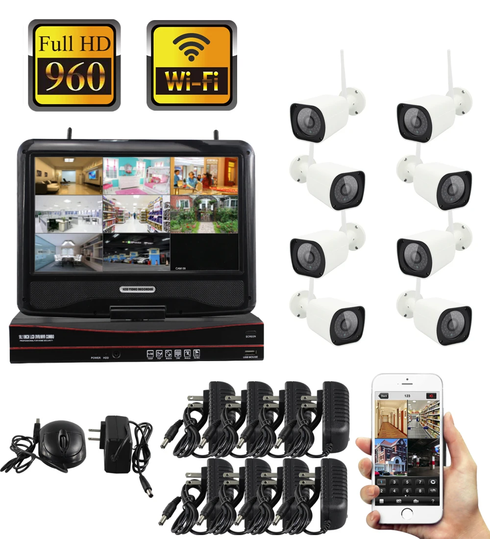 Yobang Security 8CH WIFI Водонепроницаемая ip камера NVR комплект + 10 дюймовый монитор 1.3MP 960P