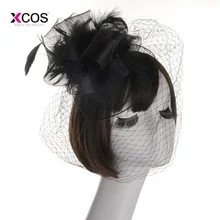 Xcos Свадебные шляпы с перьями Белый слоновой кости Красный Черный Клетка Свадебные шляпы вуаль для невесты фаты Для лица шляпки для невесты