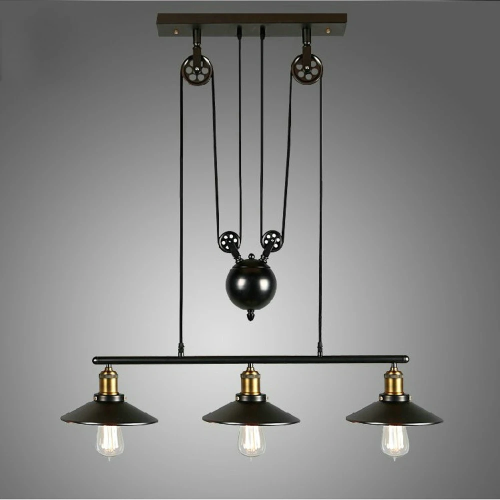 Black Retro Iron Pulley Pendant Lights Industrial Pulley Rope Antique