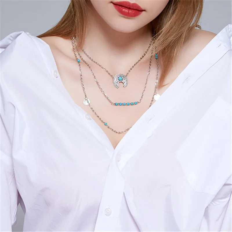 New Silver Color chain multi layer Tassel pendant necklace for women Collier femme fashion jewelry moon necklace gift