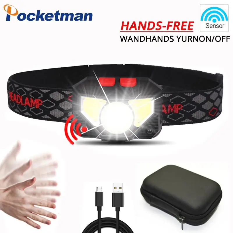

Pocketman 8200lm Sensor LED Headlamp Motion Sensor Powerfull Hard Hat LED headlight Built-in battery inductive with Portable box