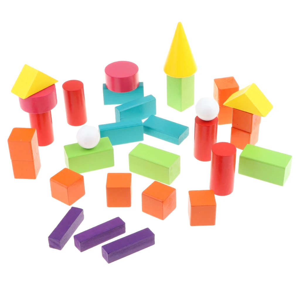 Pack of 32 Wooden Geometric Solids 3D Geometry Block Mathematics Educational Toys Student Math Manipulatives