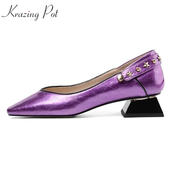 

Krazing Pot genuine leather square toe med heels slip on luxury big size metal rivets fasteners rare colored leather pumps L25