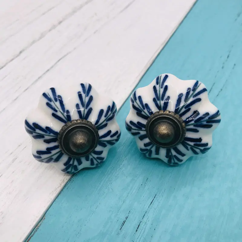 Set of 10 Ceramic Blue and White Ceramic Decorative Antique Door Knobs Interior door Pumpkin Knobs and Pulls for Cabinet Kids