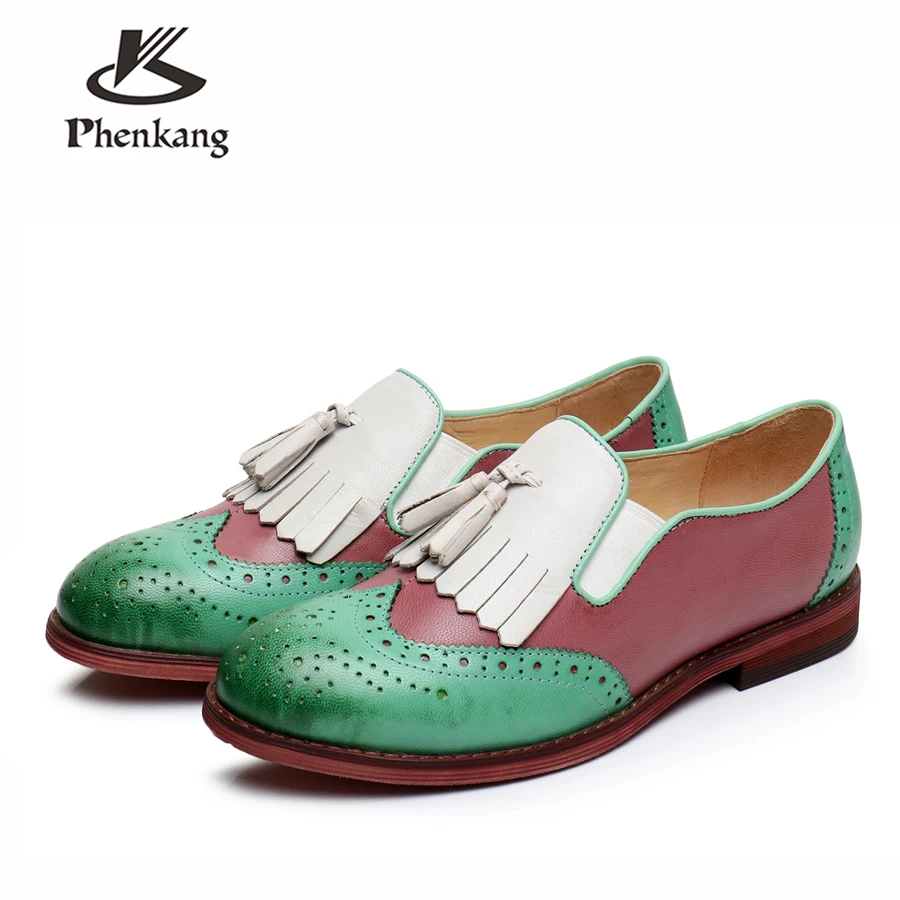 

Genuine sheepskin leather brogues yinzo ladies flats casual shoes vintage handmade oxford shoes for women 2018 green yellow