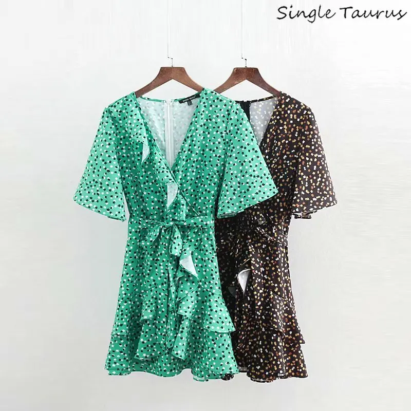 

V-neck Sexy Green Black Dress Women Vestidos Verano 2019 Ruffles Floral Print Lace Up Robe Femme Loose Short Sleeve Beach Dress