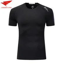 Для мужчин быстросохнущая Спорт бег T рубашка для бодибилдинга Фитнес сжатия лосины, одежда тренажерный зал короткий рукав черного цвета