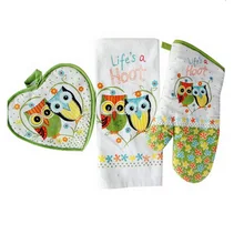 3 teile/satz europa baumwolle ofenhandschuh schöne eule druck Isolierung backen handschuhe handtuch matte set heimtextilien küche versorgung