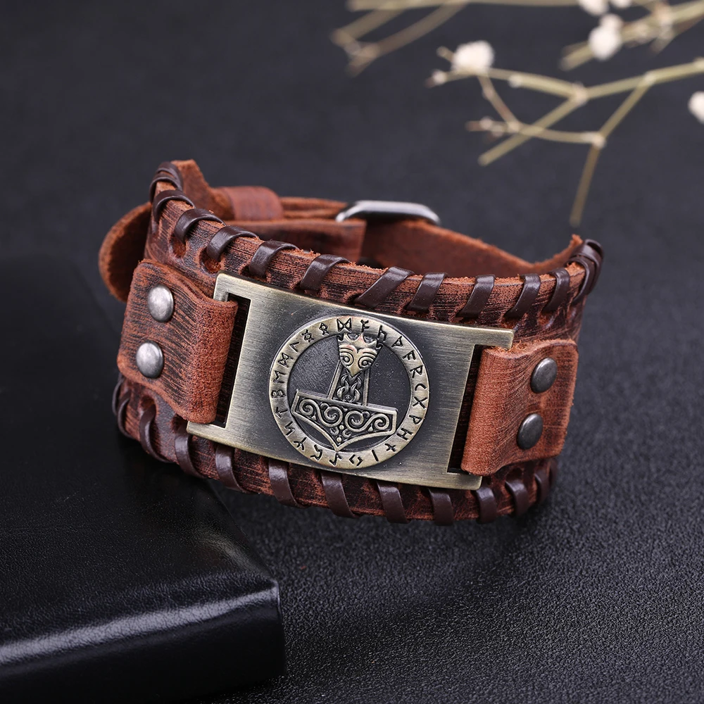 Skyrim Thor Hammer Genuine Leather Bracelets Men Holy Patron 24 Nordic Runes Amulet Button Snap Slavic Bracelet Bangle bangle bracelet leather bracelet leather bracelets