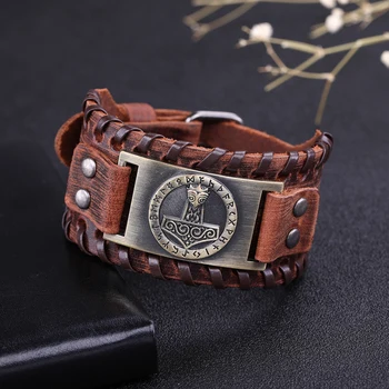 

Skyrim Thor Hammer Viking Genuine Leather Bracelets Men Holy Patron 24 Nordic Runes Amulet Button Snap Slavic Bracelet Bangle