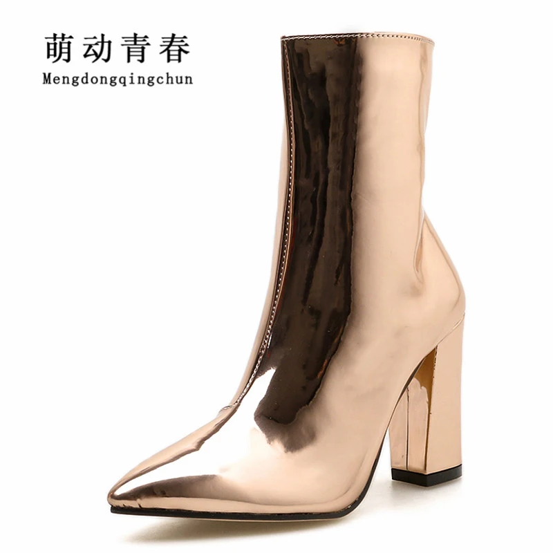 

2018 New Brand Women High Heels Boots Fashion Snake Print Pointed Toe Ankle Boots Sexy Patent Leather Warm Female Knight Boots
