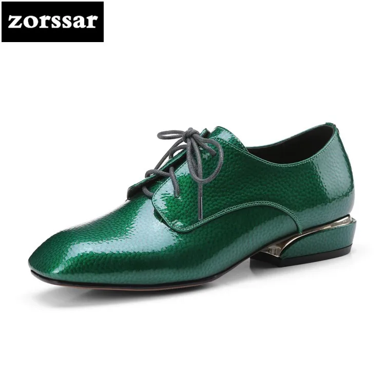 

{Zorssar} 2018 NEW fashion Genuine Leather ladies shoes Square toe Lace-up High heels pumps low heel woman shoes big size 42