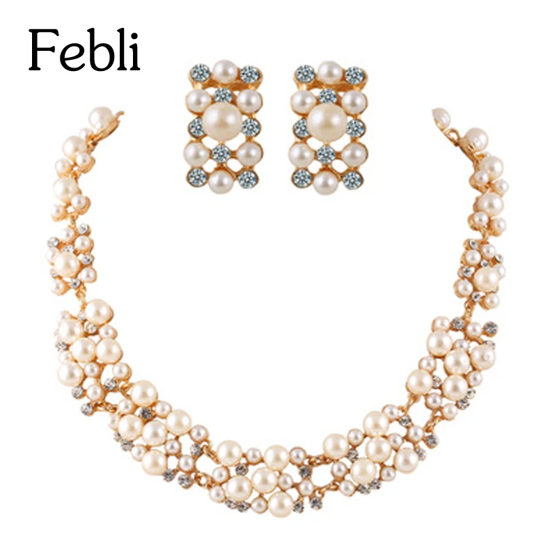 Febli Simulated Pearl Jewelry For Women Crystal Flower Necklace Earring Set Collana Sets Parure Bijoux Perlas Jewellery | Украшения и