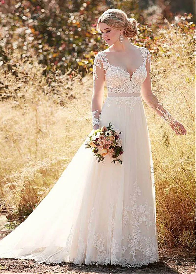 

2019 Wedding Dress Long Sleeves Lace Appliques Beach Bride Dress Sexy Backless Elegant White Ivory Boho Wedding Gown