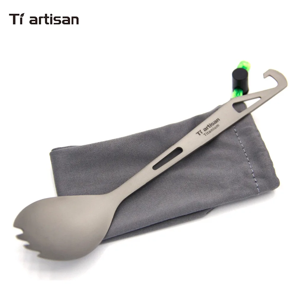 Tiartisan Titanium Sandblasting Outdoor Portable Straight Handle Multi-function Bottle Opener Tableware Household Spoon Ta8016