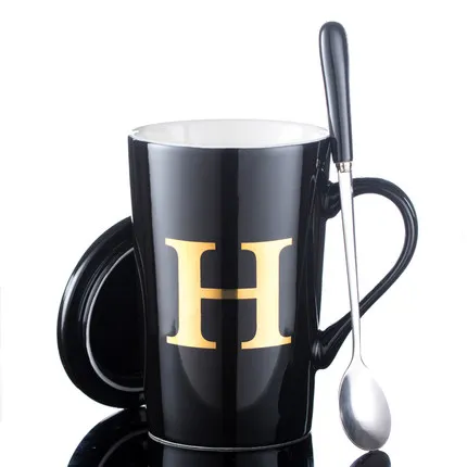 cheap Hot! Creative 26 English letters Mug with lid Spoon New porcelain mug Office water cup bone china couple coffee cup milk tea cup