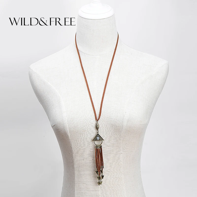 

WILD & FREE Women Vintage Zinc Alloy Antique Silver Triangle Pendant Necklace Black Brown Suede Chain Boho Collar Necklace Gift