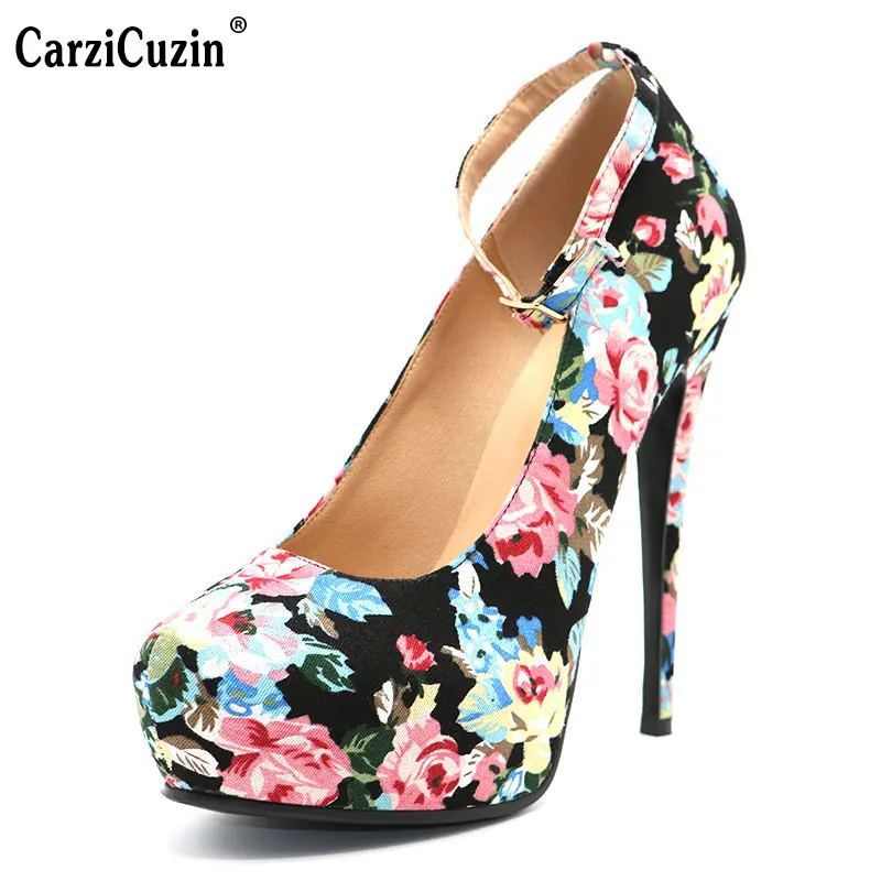 

CarziCuzin Size 34-47 Women Round Toe Platform Shoes Woman Brand Floral High Heel Pumps Ladies Ankle Wrap Wedding Shoes
