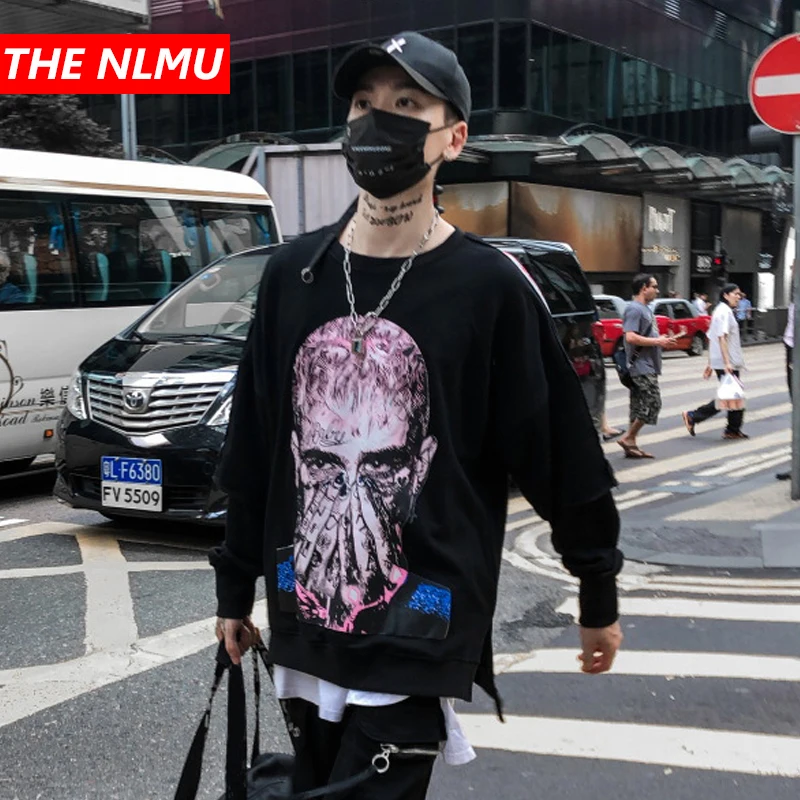 

Fashion Print Hoodies Sweatshirts Men Spring Casual Hip Hop Streetwear Pullover No Hood Hipster Hoodie Fake Two Pieces GW001